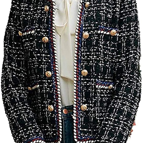 Jacket Tweed Inlaid Plaid Check Long Sleeved Coat Blazer - Picture 6 of 8